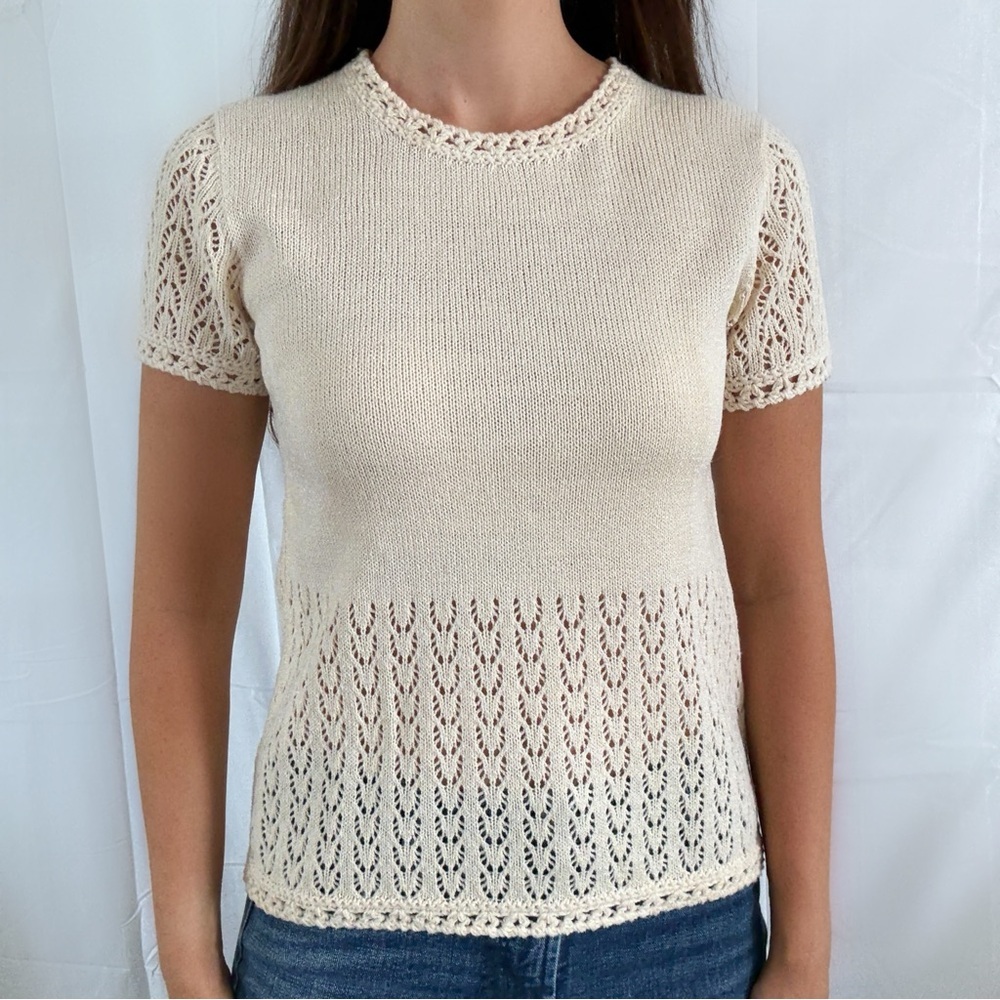 Vintage 50s crochet cream blouse top cottage small